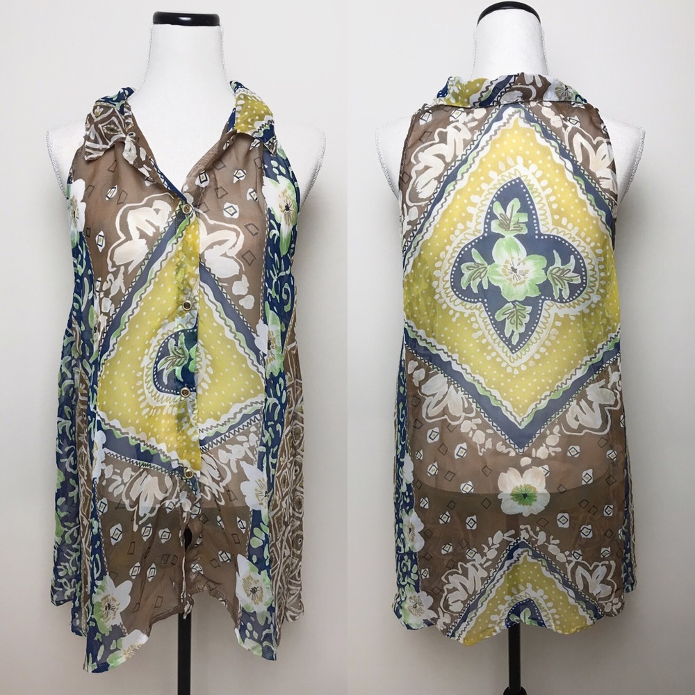 Button up sheer patterned beach cover up